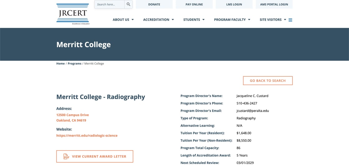 Merritt College JRCERT Accreditation Status August 2026