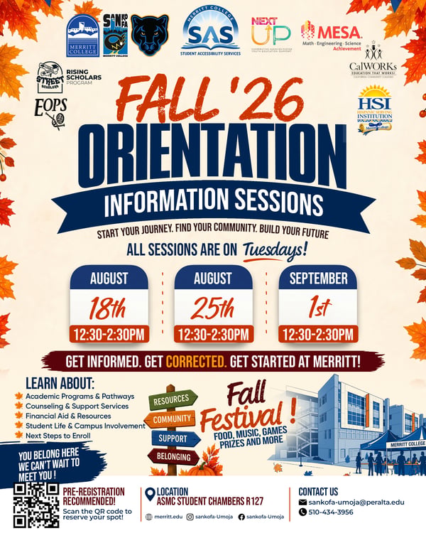 Merritt College Fall 2026 Orientation Info Sessions Flyer