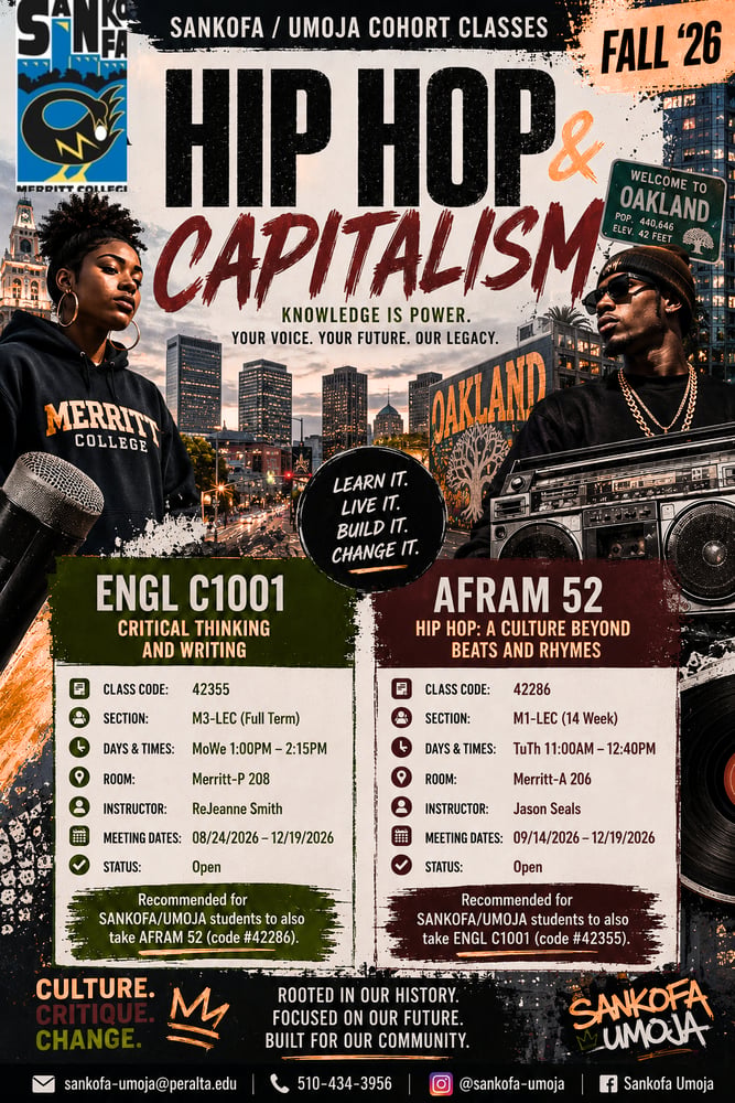 Merritt College Sankofa-UMOJA Fall 2026 Cohort Classes Flyer