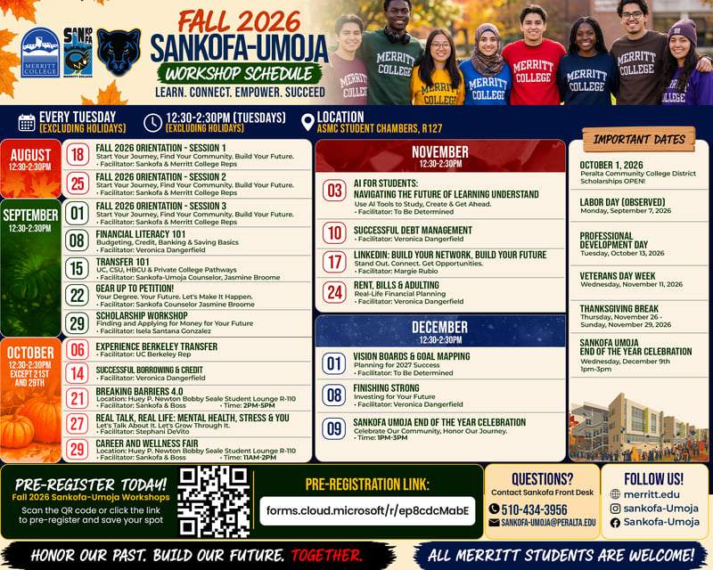 Merritt College Sankofa-UMOJA Fall 2026 Workshop Schedule Flyer