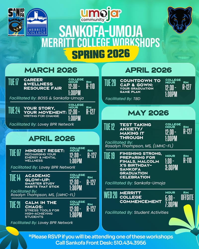 Merritt Sankofa-Umoja Spring 2026 Workshops Flyer 2